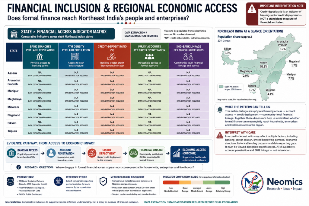 Financial inclusion and regional economic access across Northeast India, showing state-level financial access indicators and regional patterns of access.