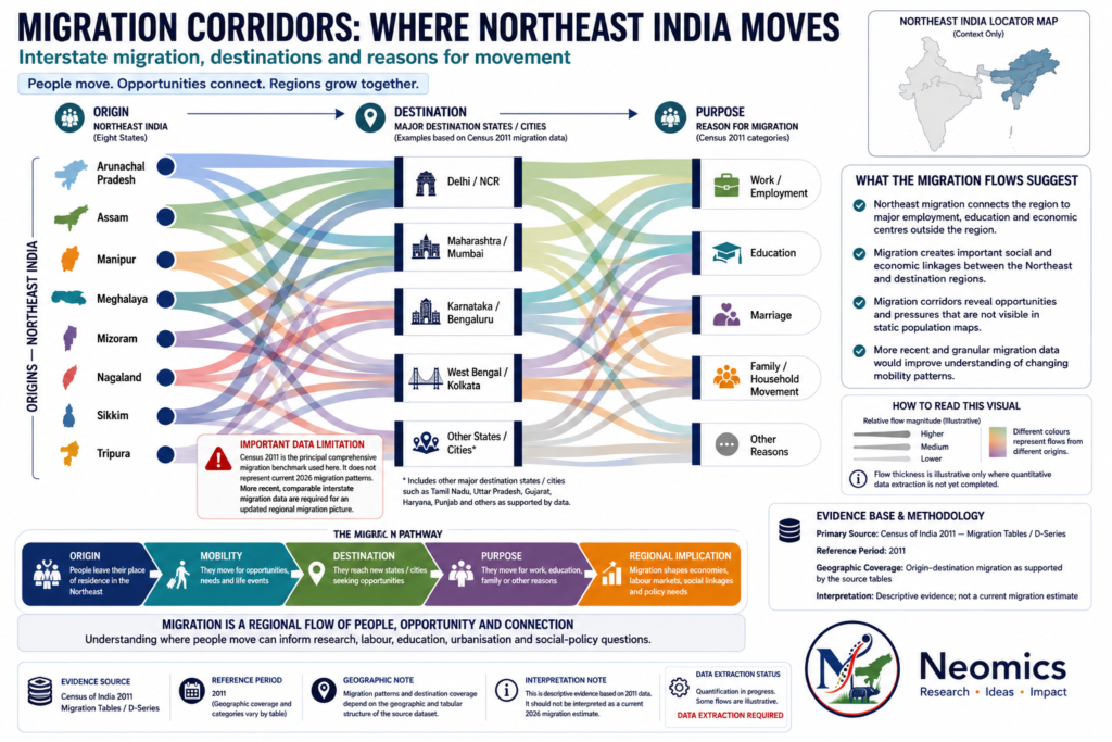 Migration corridors across Northeast India showing interstate movement, destinations and reasons for migration